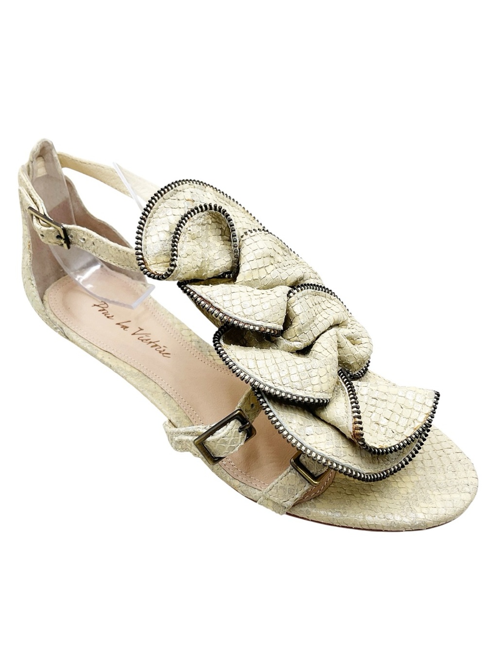 {Pour La Victoire} Ella Zip Ruffle Snakeskin Flat Sandals